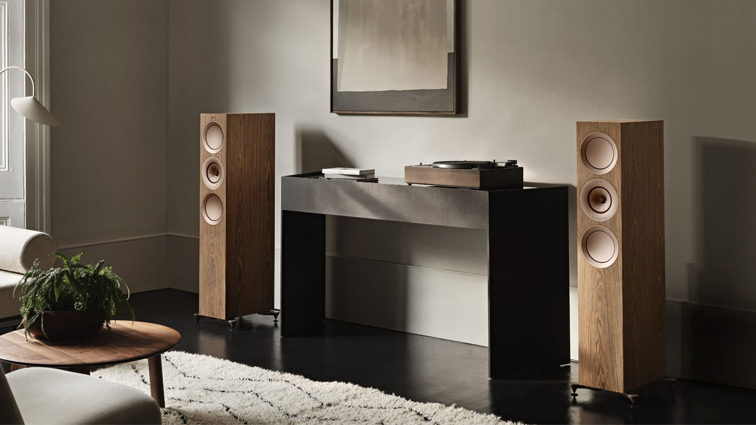 R5 Meta Wooden speakers on either side of a console table in a room with a painting and plant.