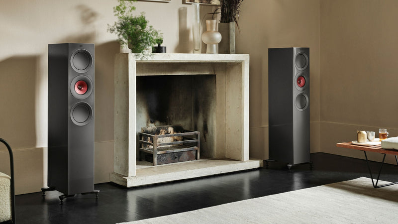 Pair of KEF R7 Meta Dark Titanium placed between a fireplace in a living room