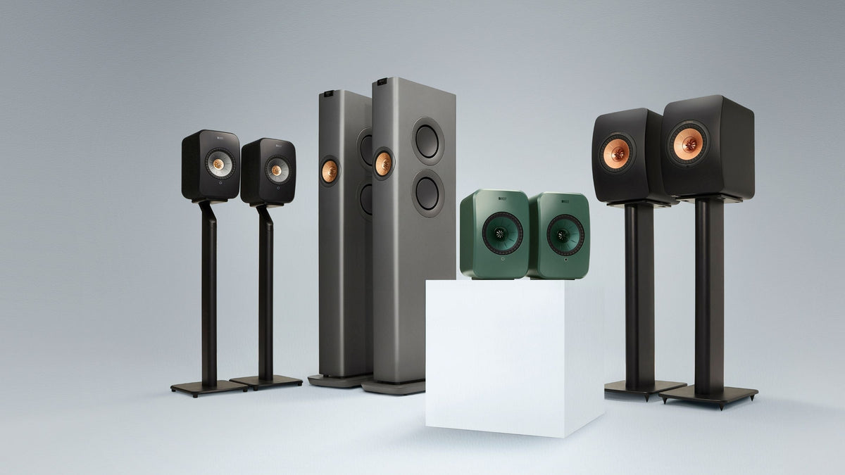 KEF LS Wireless Collection featuring four wireless products LSX II Wireless speaker, LS60 Floorstanding speaker, LSX II LT Bluetooth speaker & LS50 WII Bookshelf speaker