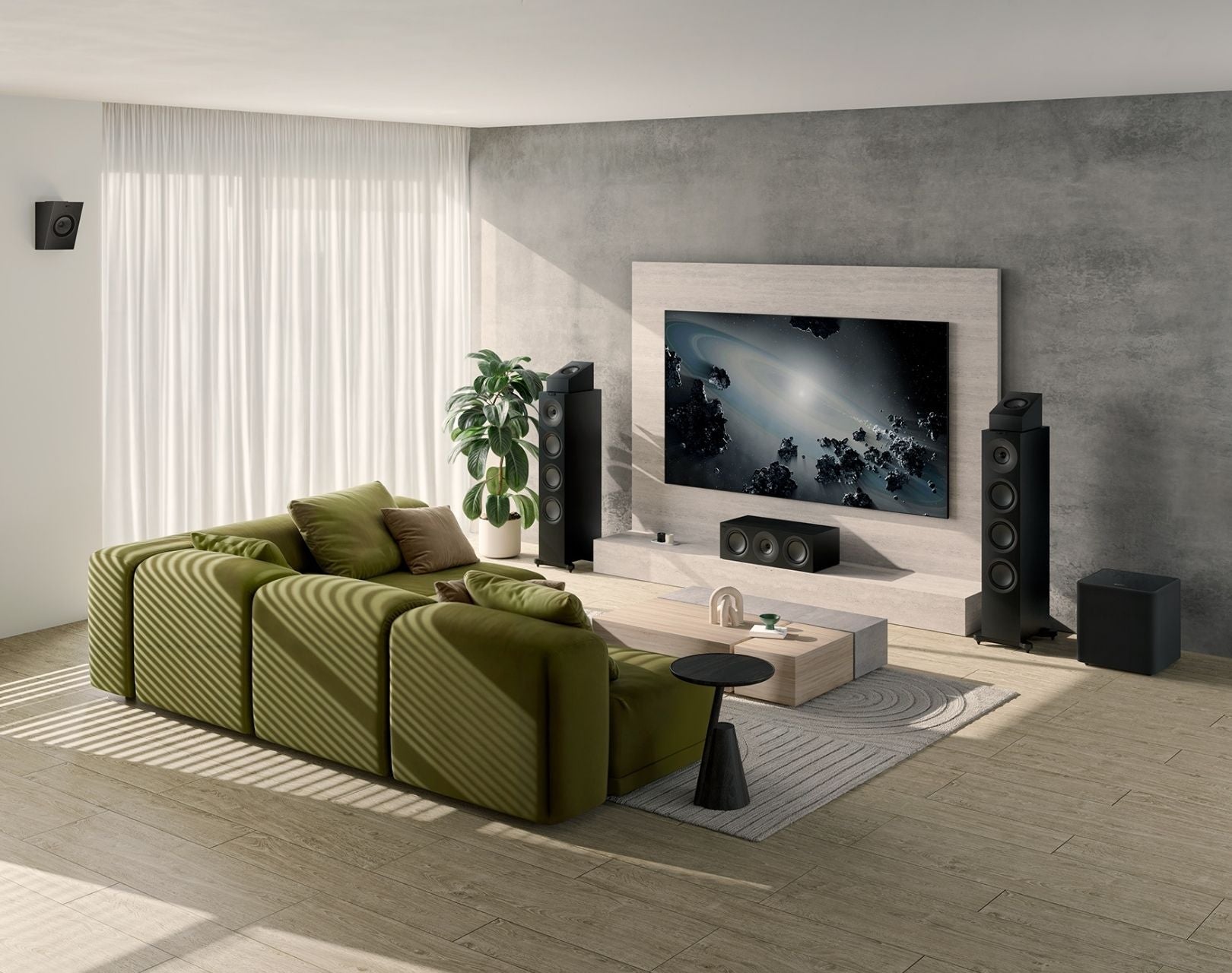 Home Theatre setup in modern living room with KEF Q Series speakers.